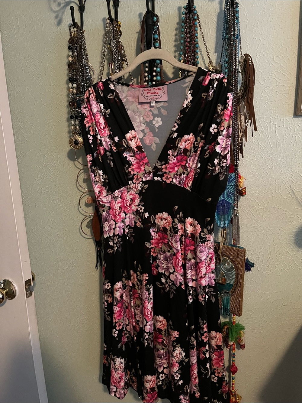 Vixen & Fox Black Pink Floral V-Neck Fit & Flare Dress